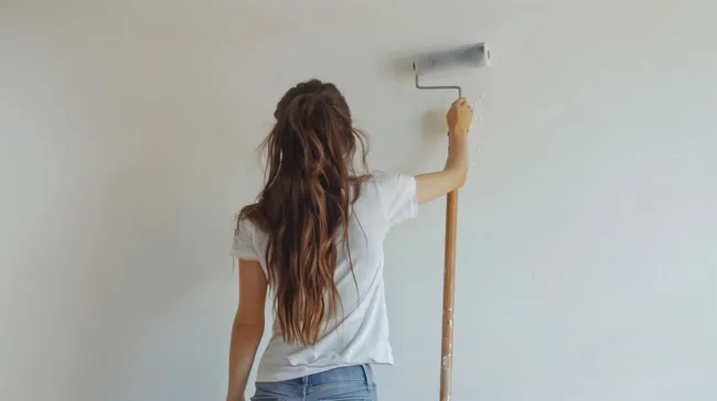 Frau streicht Wand mit Farbroller - kostenloses Stockfoto