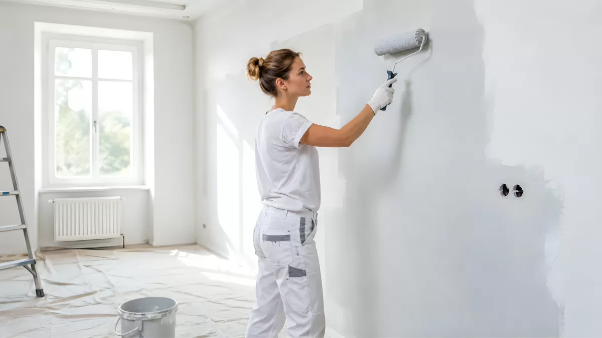 Frau streicht Wand mit Malerrolle in hellem Raum
