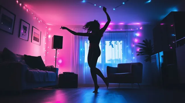 Frau tanzt ausgelassen im farbenfrohen Wohnzimmer