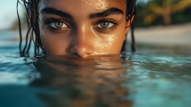 Frau taucht aus türkisfarbenen Gewässern auf