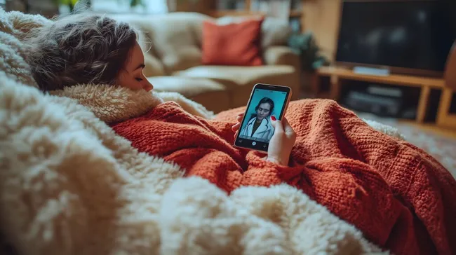 Frau telefoniert für telemedizinische Behandlung zu Hause