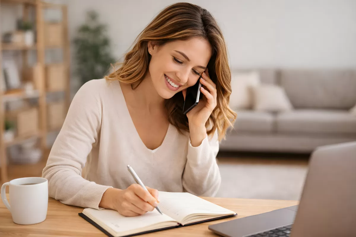 Frau telefoniert und schreibt Notizen am Schreibtisch