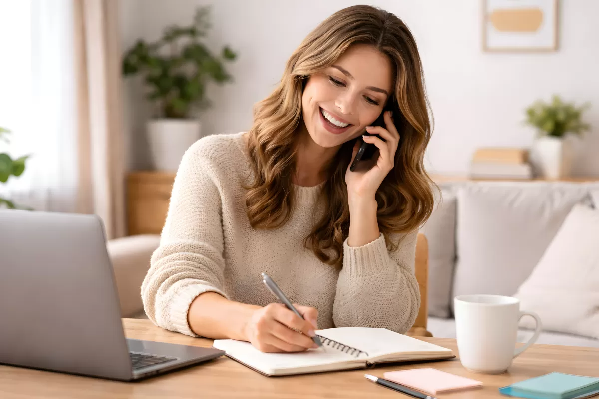 Frau telefoniert und schreibt Notizen im Homeoffice