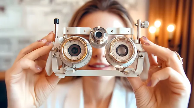 Frau testet Sehschärfe mit klassischer Kamera