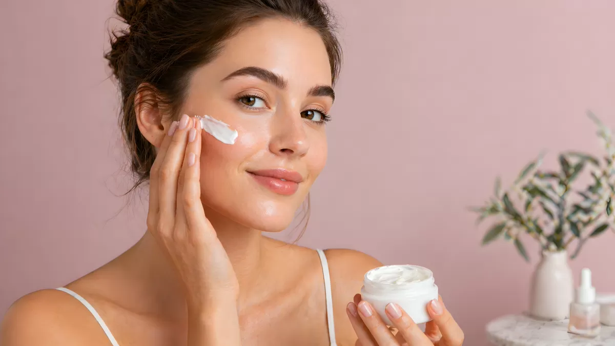 Frau trägt Gesichtscreme auf ihre Wange auf
