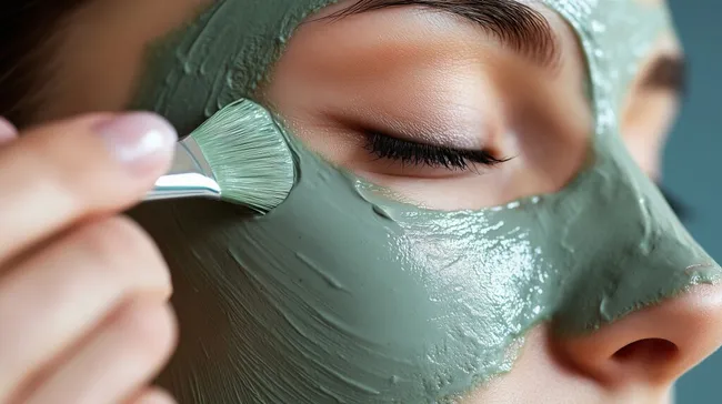 Frau trägt grüne Gesichtsmaske zur Hautpflege