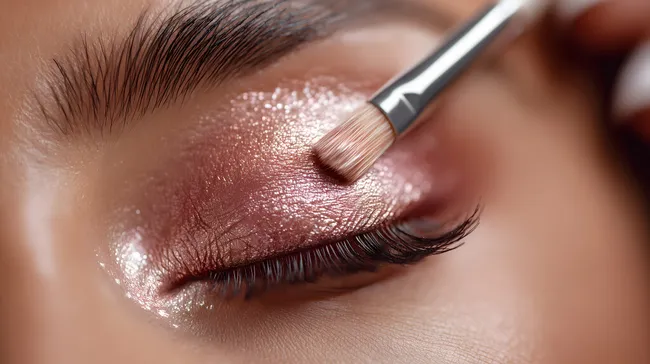 Frau trägt schimmernden Lidschatten auf Augenlid auf