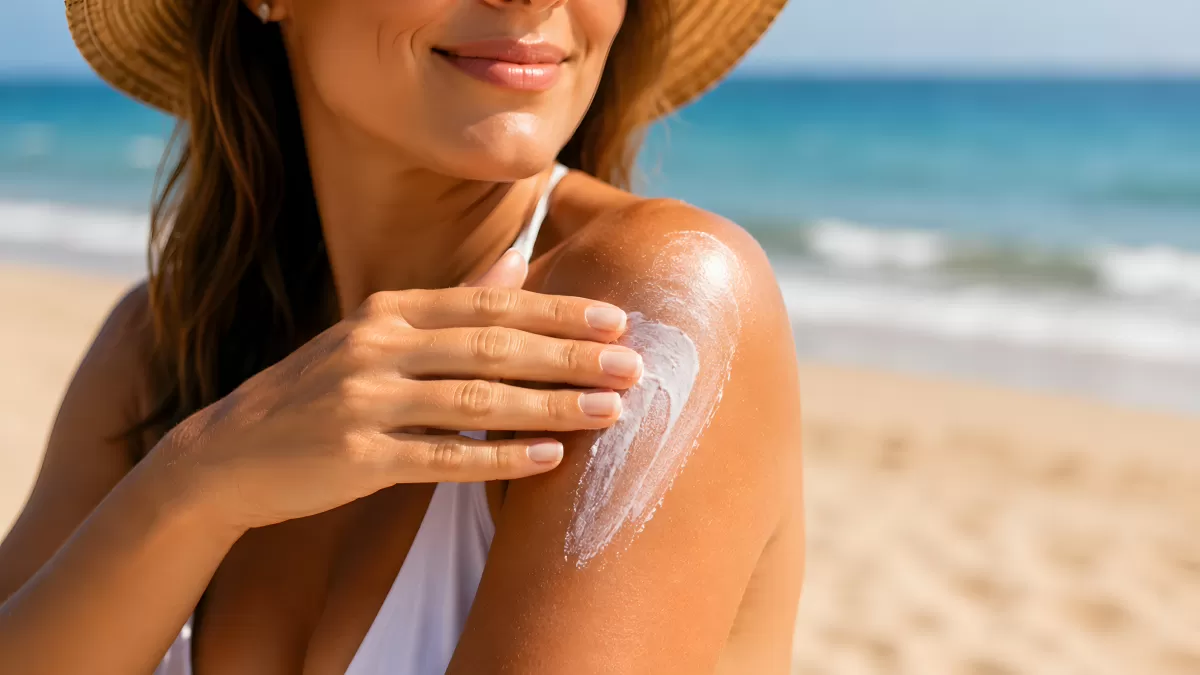 Frau trägt Sonnencreme am Strand auf Schulter auf