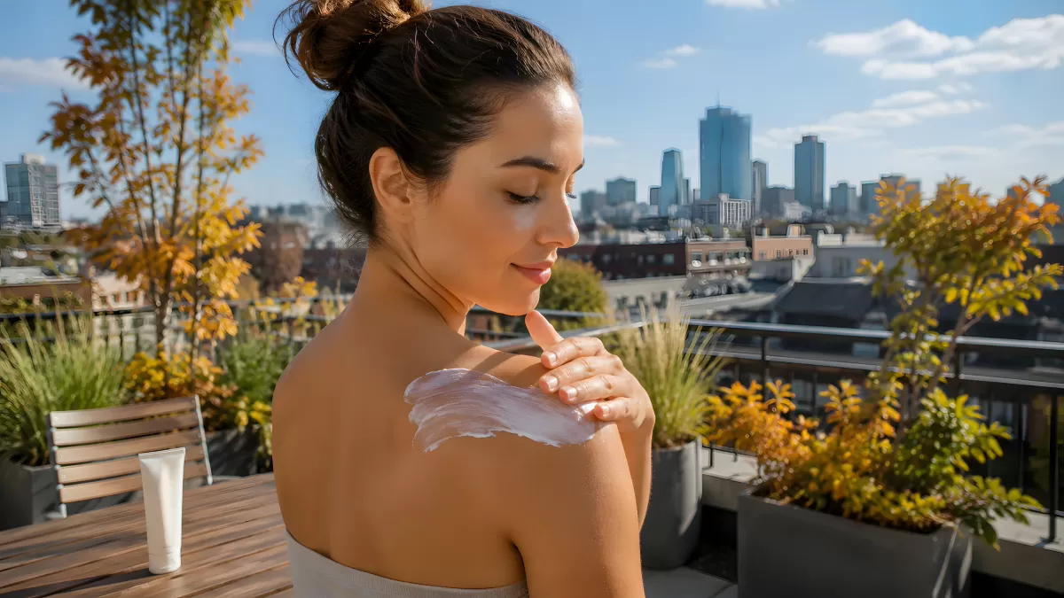 Frau trägt Sonnencreme auf Schulter auf Dachterrasse auf