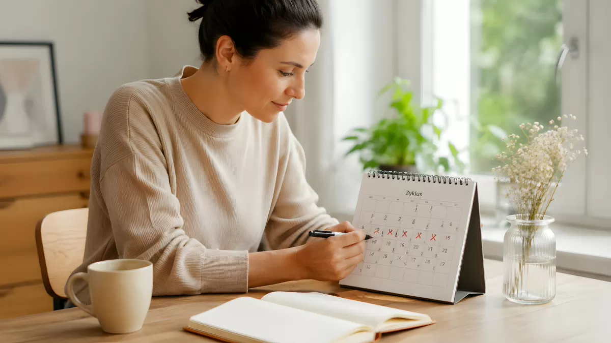 Frau trägt Zyklustage in Kalender ein