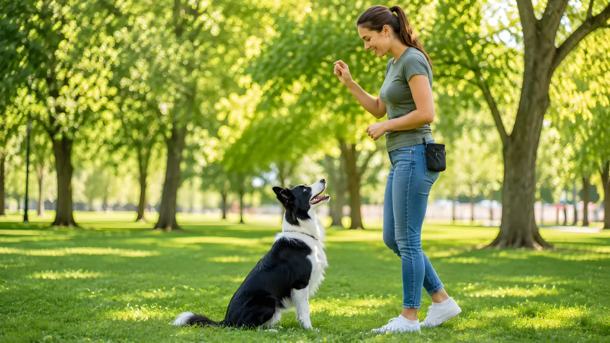 Frau trainiert Border Collie im sommerlichen Park