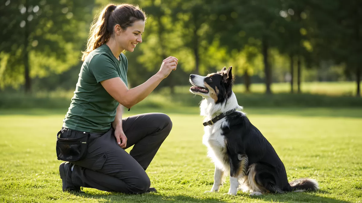 Frau trainiert Border Collie im sonnigen Park