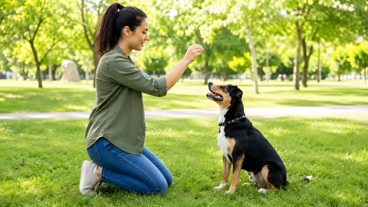 Frau trainiert Hund mit Leckerli im Stadtpark