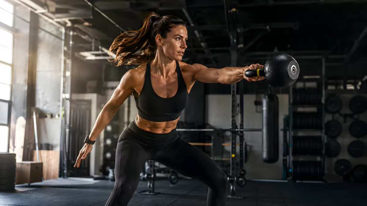 Frau trainiert intensiv mit Kettlebell im Fitnessstudio