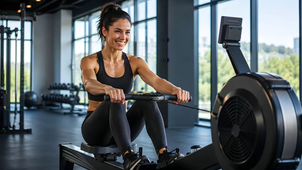 Frau trainiert lächelnd auf Rudergerät im modernen Gym