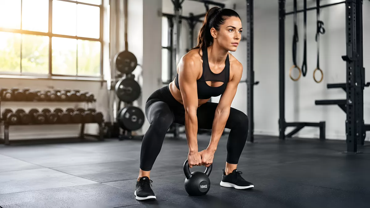 Frau trainiert mit 16-kg-Kettlebell im Fitnessstudio