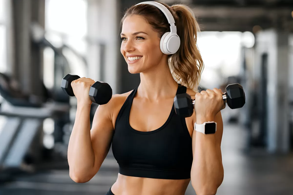 Frau trainiert mit Kurzhanteln im Fitnessstudio