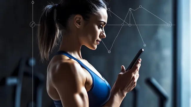 Frau trainiert mit Smartphone, analysiert Körperdaten
