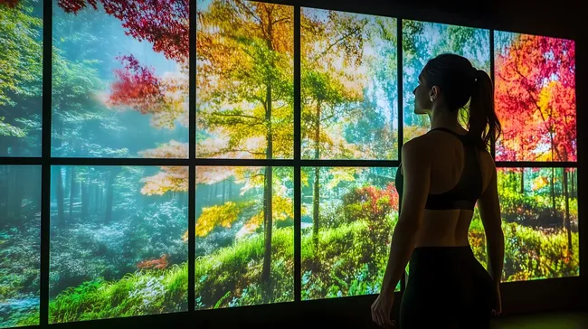 Frau trainiert vor naturnaher Projektionsfläche