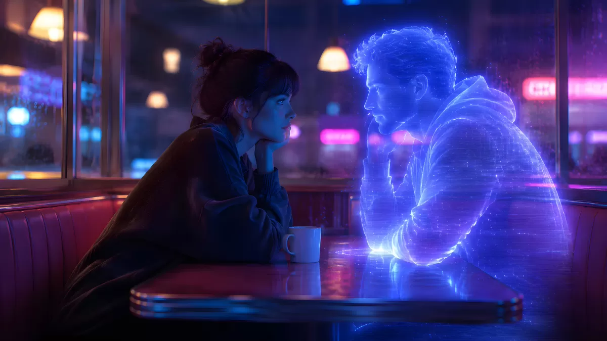 Frau trifft holografischen Mann im Neon-Diner