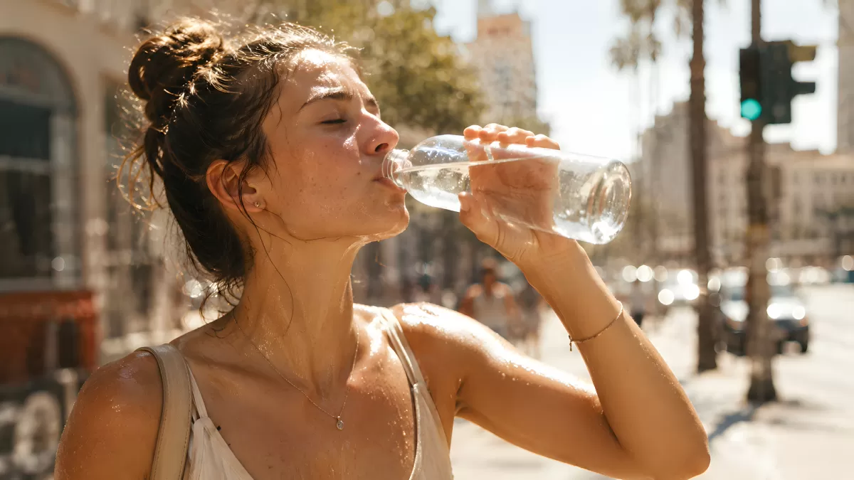 Frau trinkt Wasser aus Flasche bei Sommerhitze