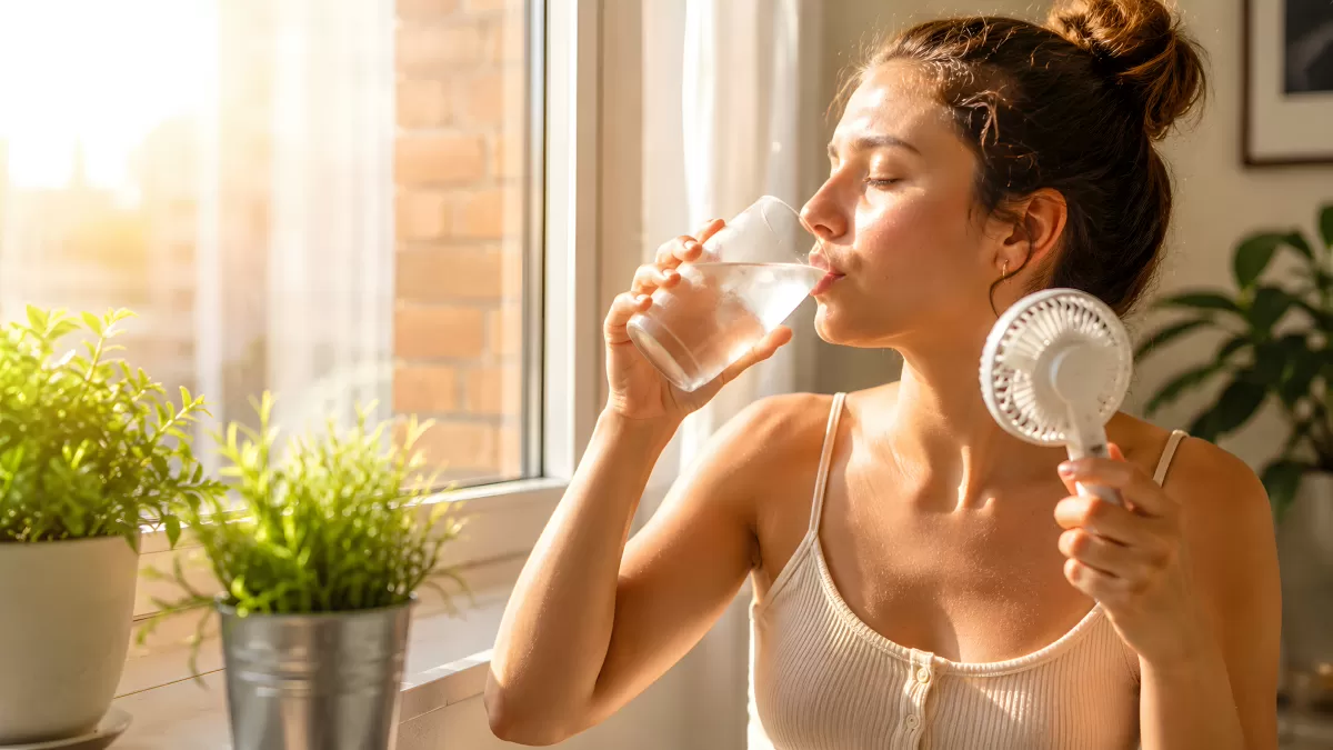 Frau trinkt Wasser und kühlt sich mit Ventilator ab