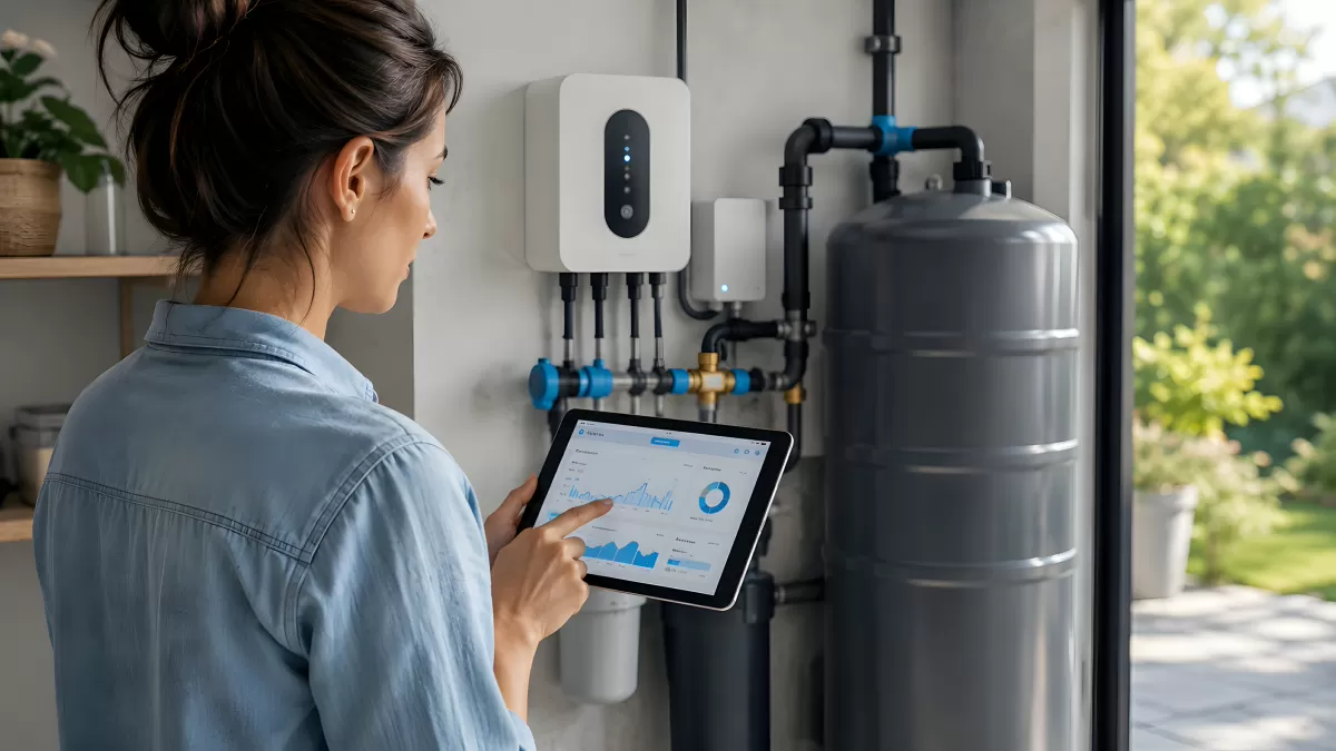 Frau überwacht Wasseranlage per Tablet-App
