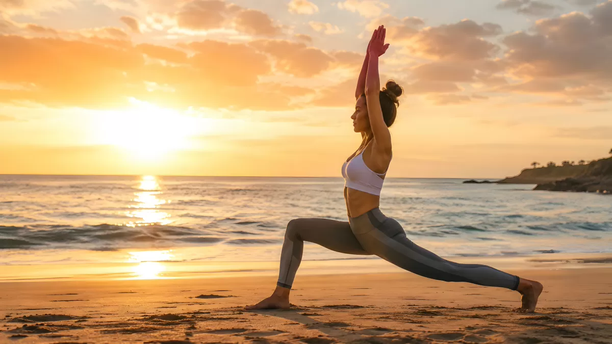 Frau übt Yoga am Strand im Sonnenuntergang