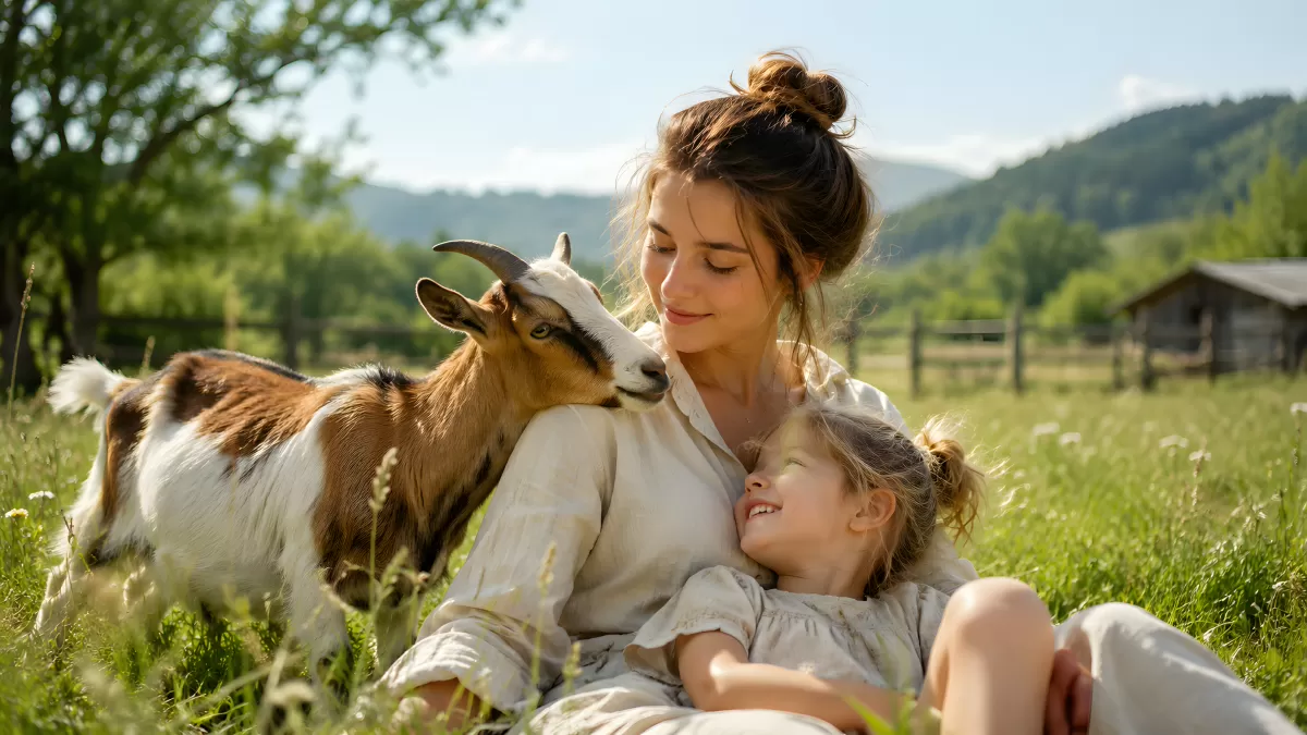 Frau und Kind mit Ziege auf sommerlicher Wiese