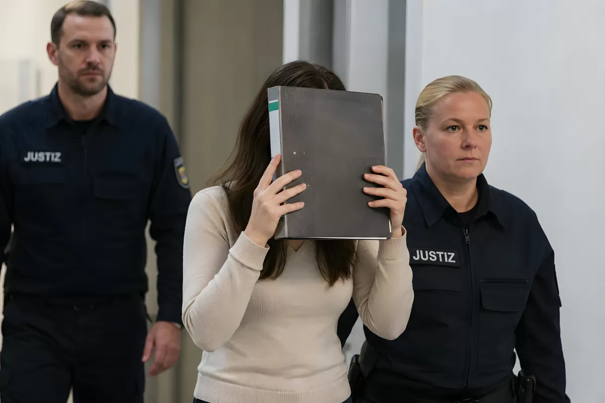Frau verdeckt Gesicht mit Ordner vor Gericht