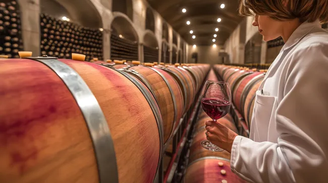 Frau verkostet Rotwein im historischen Weinkeller