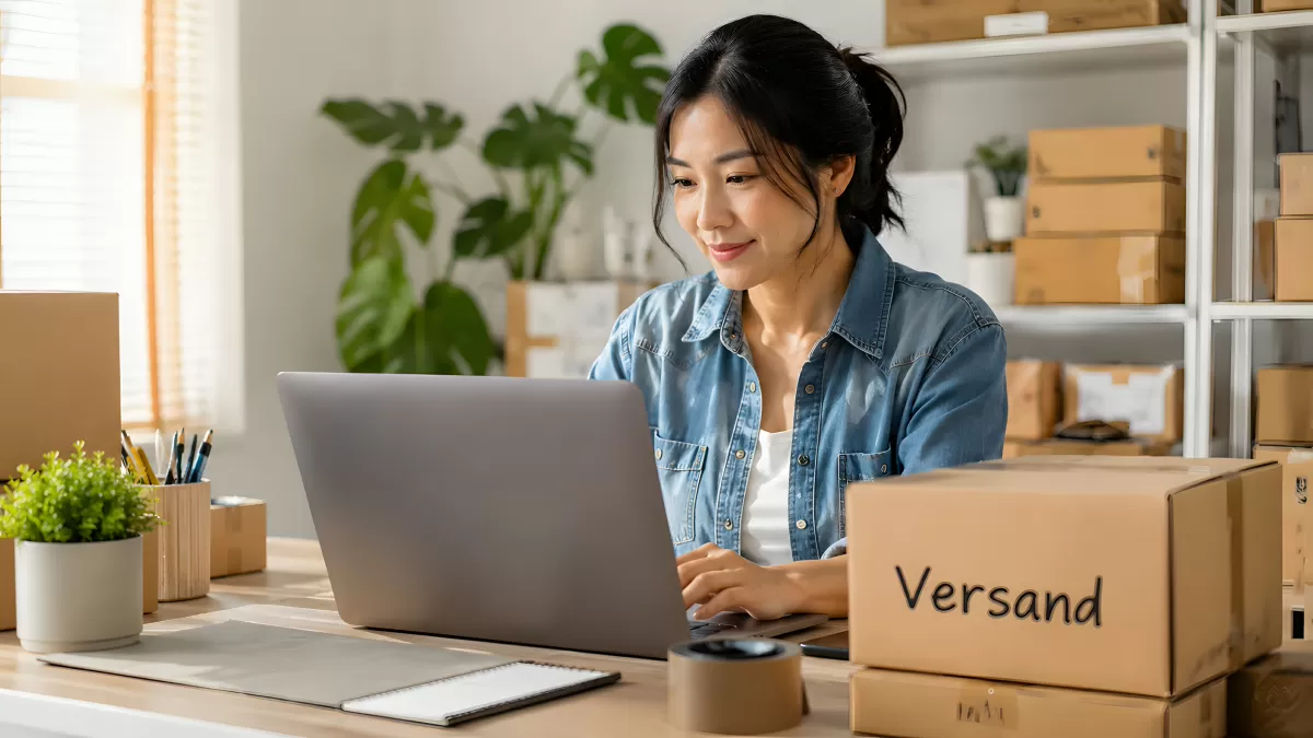 Frau verwaltet Online-Shop mit Laptop und Versandpaketen