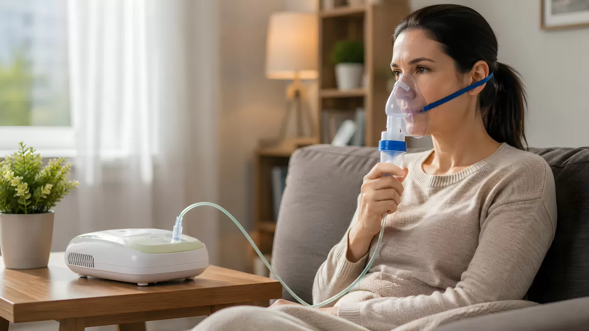 Frau verwendet Inhalationsgerät zuhause auf dem Sofa