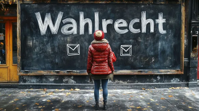 Frau vor großer Schultafel mit Wahlrecht-Text