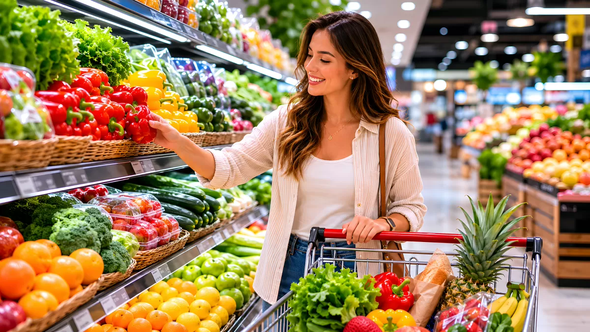 Frau wählt frisches Gemüse im Supermarkt aus