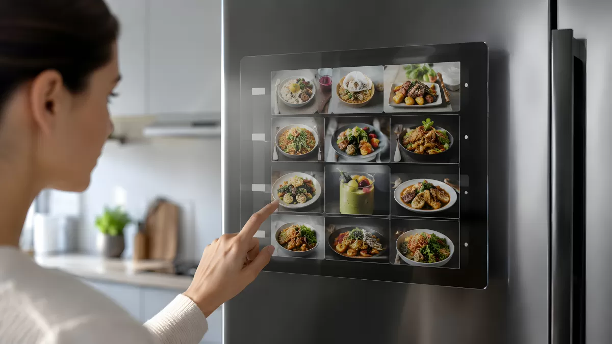 Frau wählt Mahlzeit auf Smart-Display am Kühlschrank