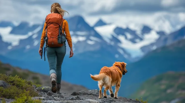 Frau wandert mit Hund in malerischer Berglandschaft