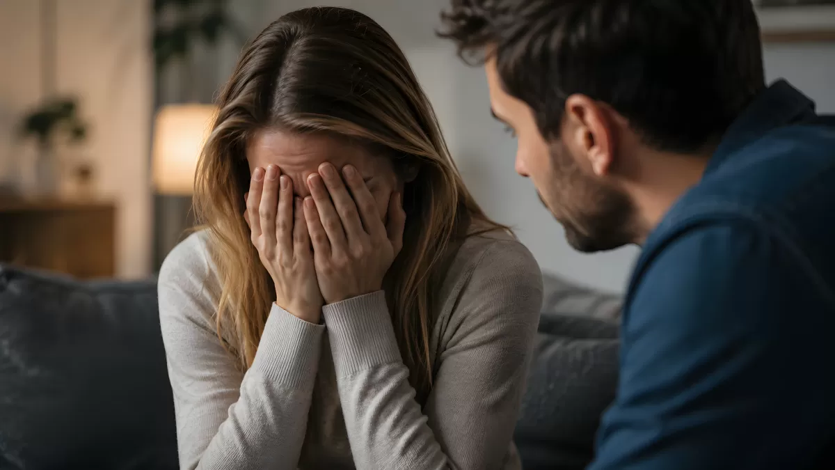 Frau weint verzweifelt während Mann ihr zuhört