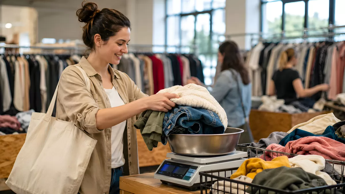 Frau wiegt Secondhand-Kleidung auf Waage im Vintage-Shop