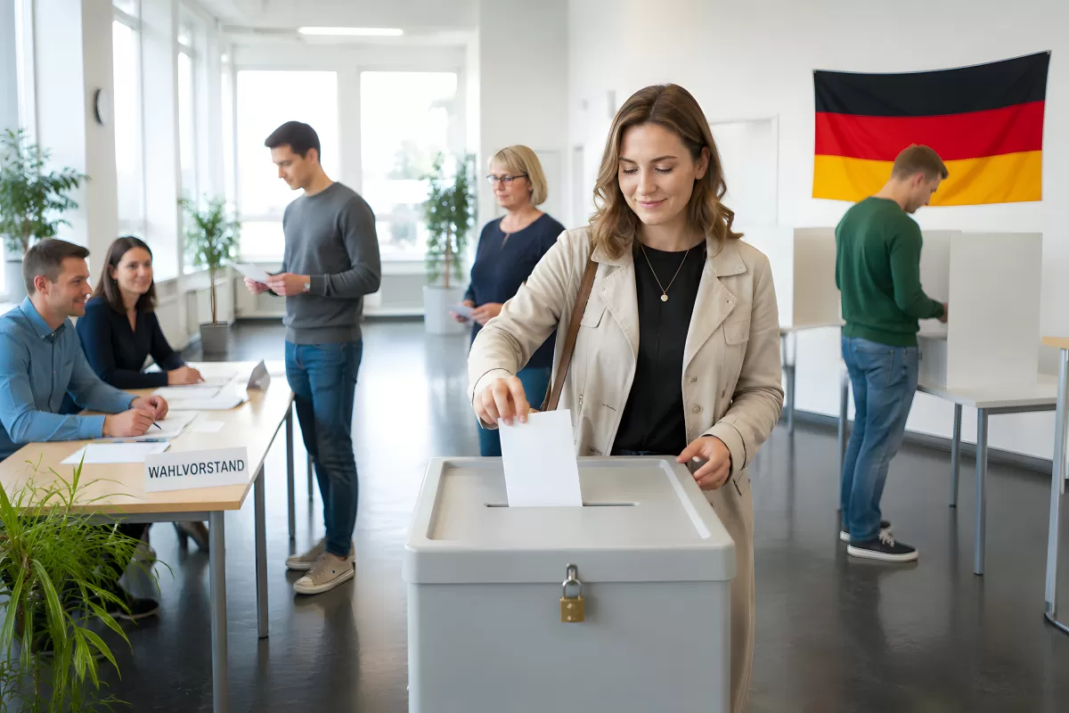 Frau wirft Stimmzettel in Wahlurne bei Bundestagswahl