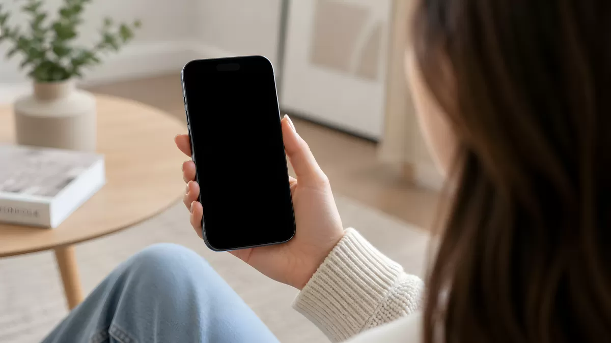 Frau zeigt Smartphone mit dunklem Display im Wohnzimmer