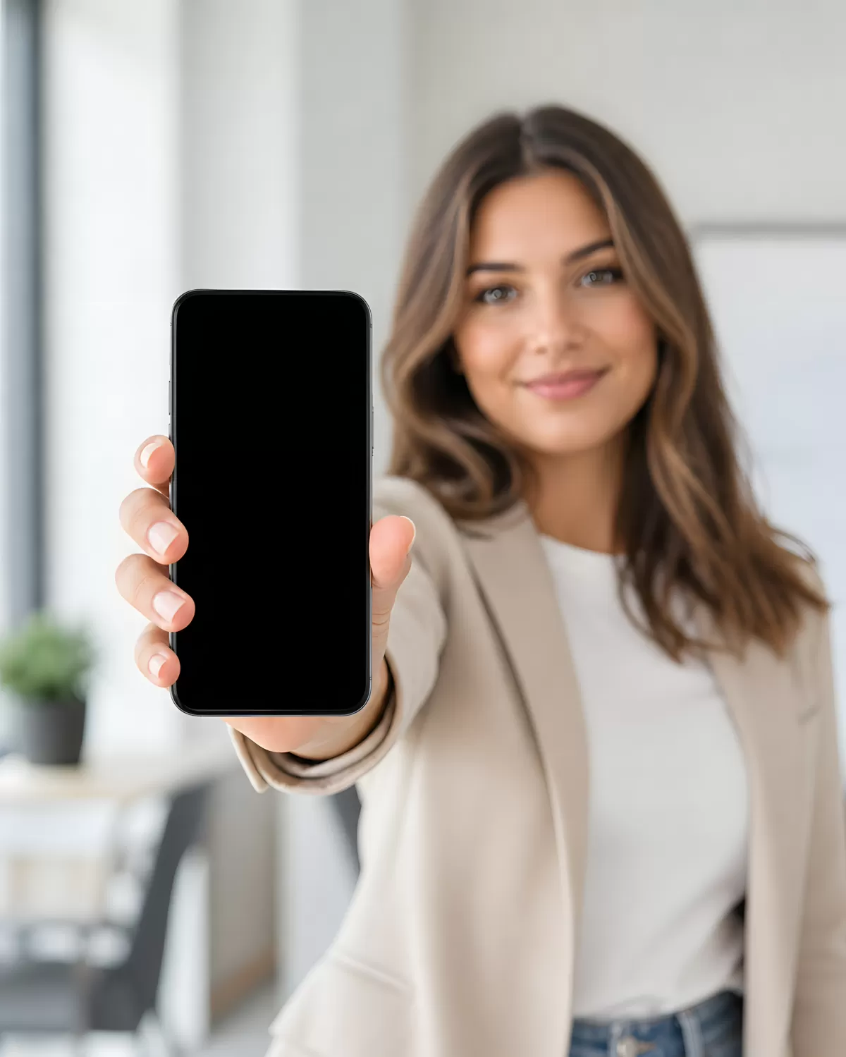 Frau zeigt Smartphone mit leerem schwarzen Display