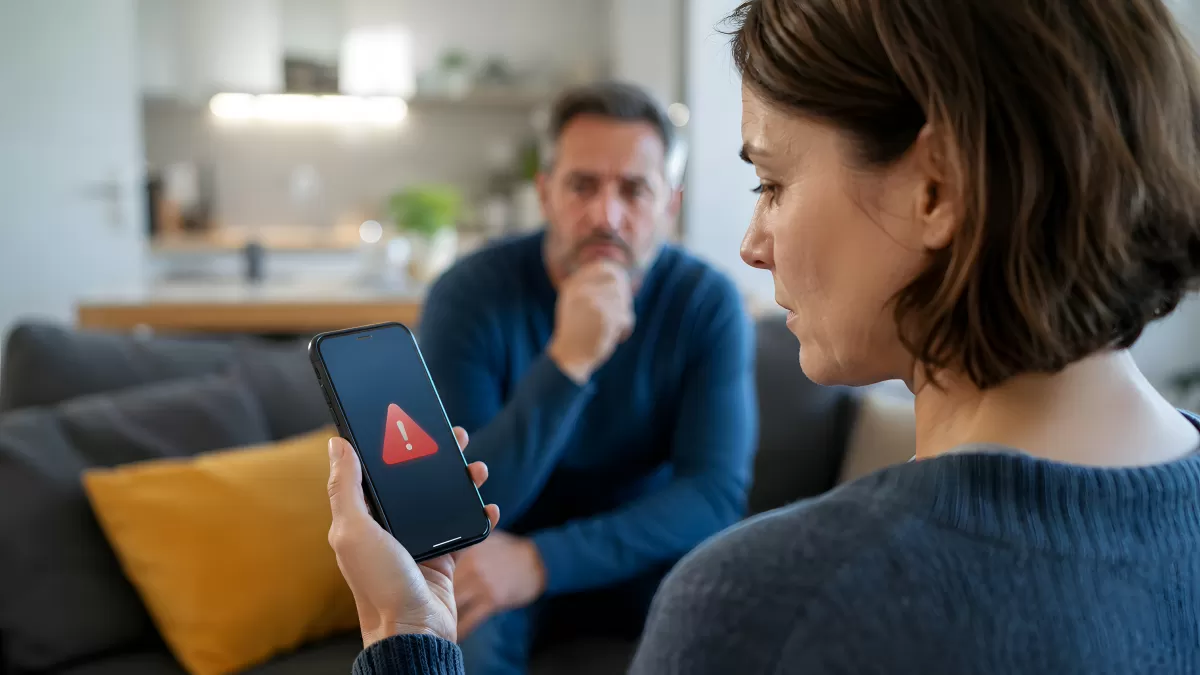 Frau zeigt Warnmeldung auf Smartphone dem Partner