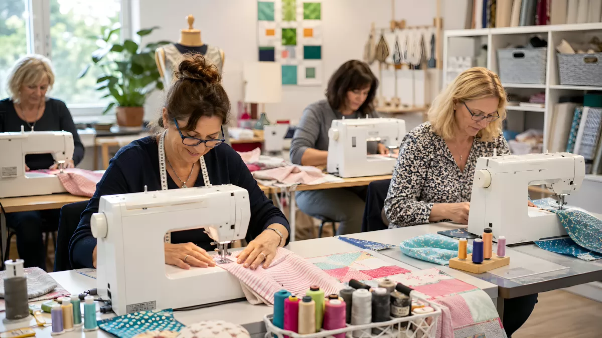 Frauen beim Nähen im hellen Nähkurs-Atelier