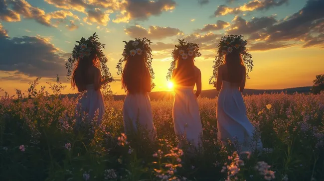 Frauen feiern Mittsommerfest im blühenden Sommerfeld bei Sonnenuntergang