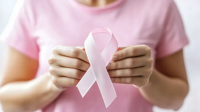 Frauen-Hände halten rosa Brustkrebs-Schleife