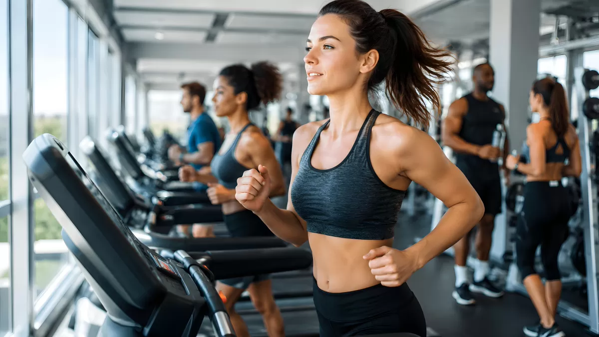 Frauen und Männer laufen auf Laufbändern im Fitnessstudio