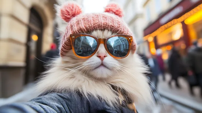 Freche Katze mit Sonnenbrille in Stadt-Kulisse