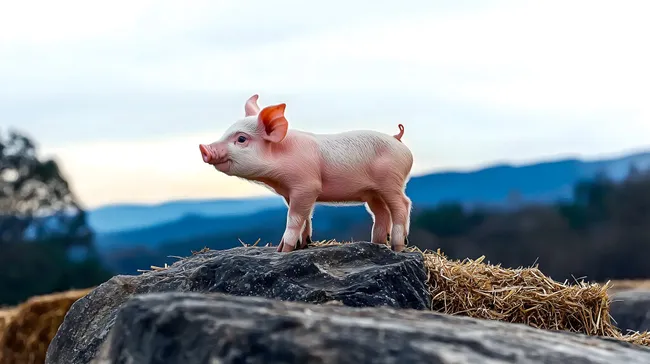 Frecher Ferkel auf Heuballen in bergiger Landschaft