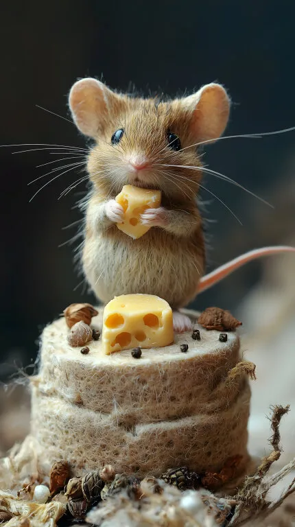Frecher Mäuserich mit Käsestück auf rustikalem Holzbrett